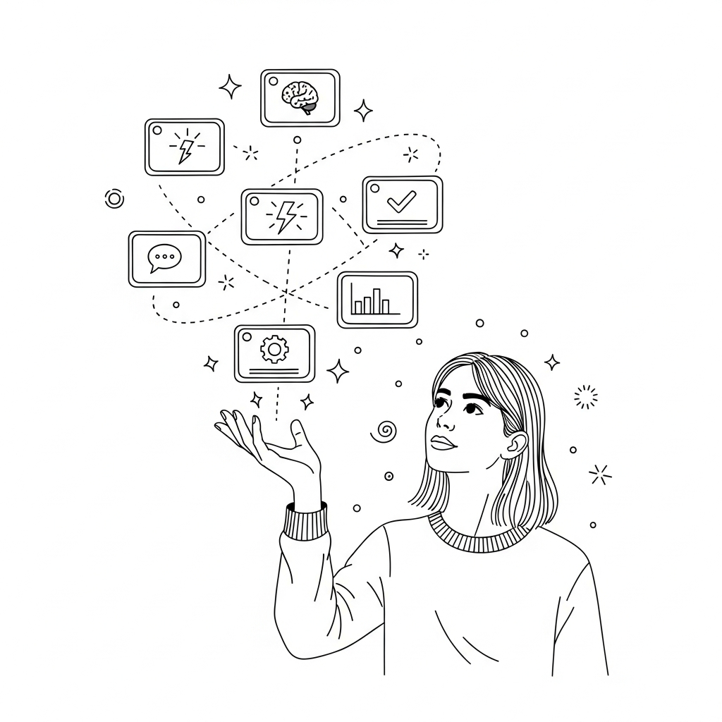 A modern operator orchestrating a constellation of knowledge, decisions and action cards — the company operating system in motion